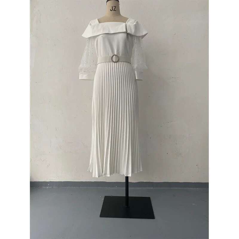 Dongdumaoyi Herfst Nieuwe Witte Mesh Lange Mouw Geplooide Rok Jurk Met Riem C