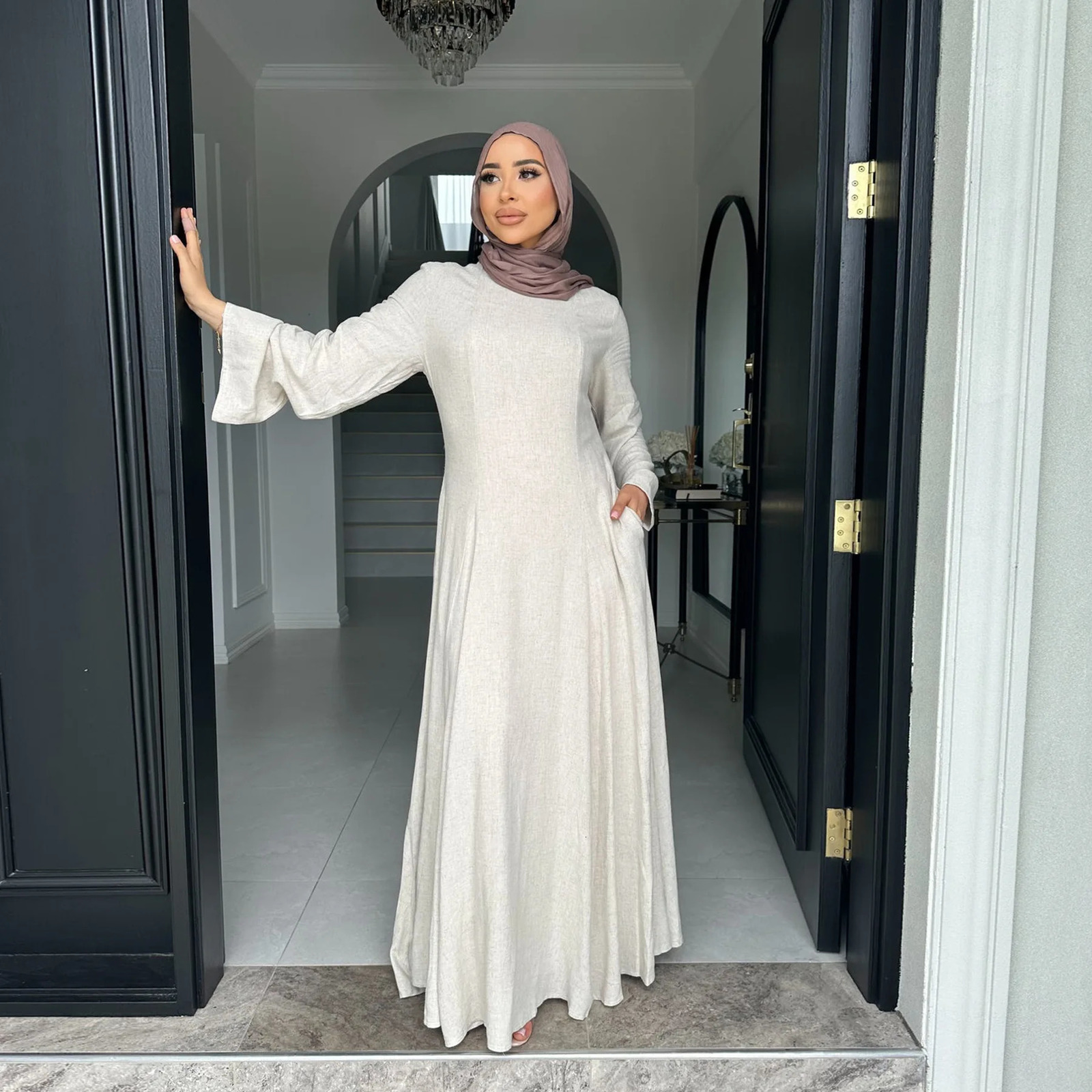 Muslim Womens Wear Dubai Abaya Solid Strap Adjustment Dress Islamic Modest Clothing 250326