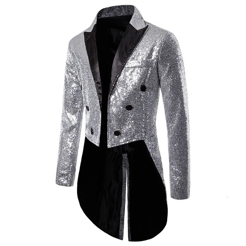 Wxw4131 sequin jacket mens long open collar kimono loose tailcoat asymmetric button party 250326