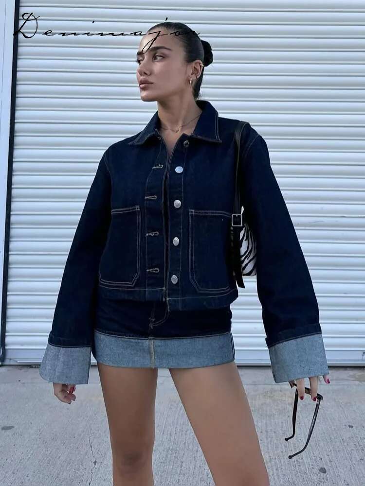 Chic Denim Jacket Mini Skirts Set Women Lapel Single Breasted Long Sleeve Coat Slim Short Skirt 2025 Spring Elegant Lady Outfit