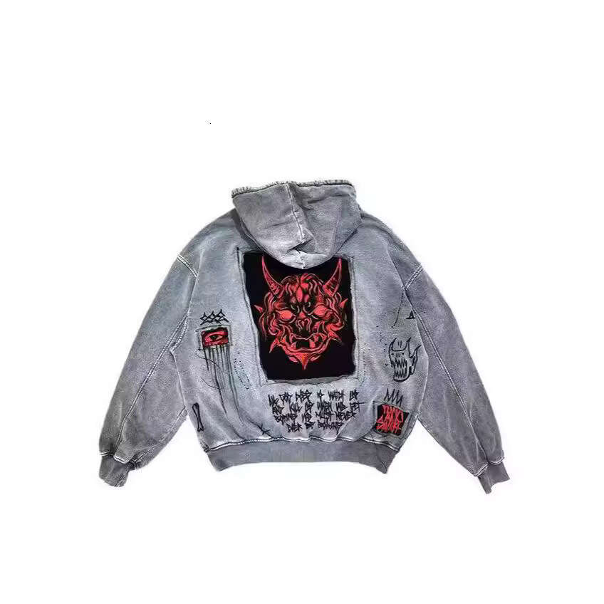 American street Y2K unisex devil print patch loose hooded sweatshirt gift for man