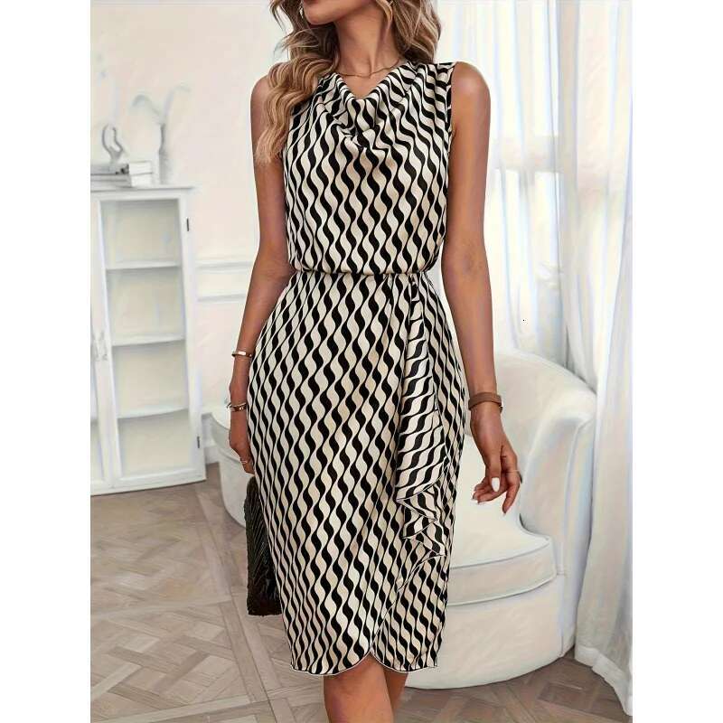 Dongdumaoyi Elegante Midi Effen Kleur Revers Volledig Bedrukte Voorkant Gedrapeerde Geplooide Asymmetrische Zoomjurk WD