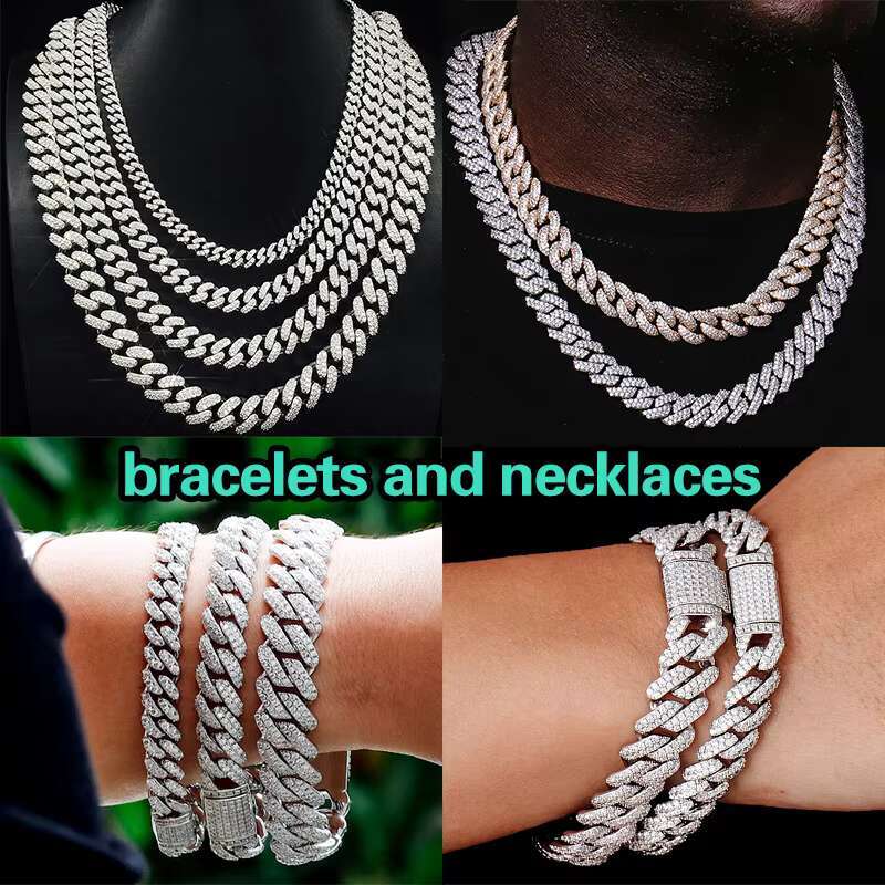 10mm Solid 925Sterling Silver Hip Hop Moissanite Cuban Link Chain Silver Plated Tennis Strand Charm Bracelets for Party or Gift