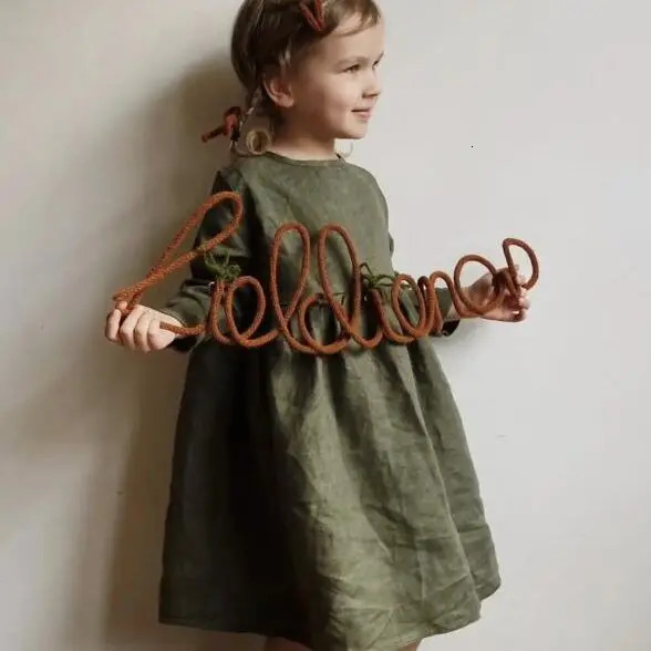 Autumn Girl Children Retro Solid Simple Casual Dress For Party And Wedding Baby Cotton Linen Long Sleeves Princess Dresses 250326