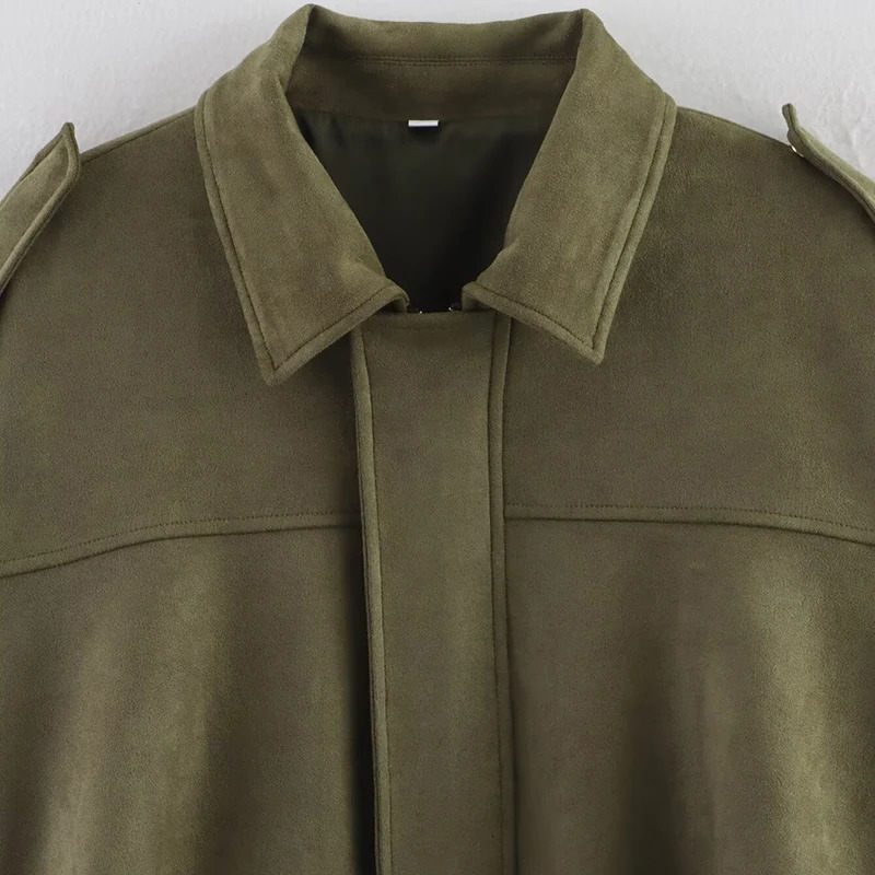 Green suede jacket womens lapel zipper long sleeved pocket bomb springsummer loose motorcycle 250326