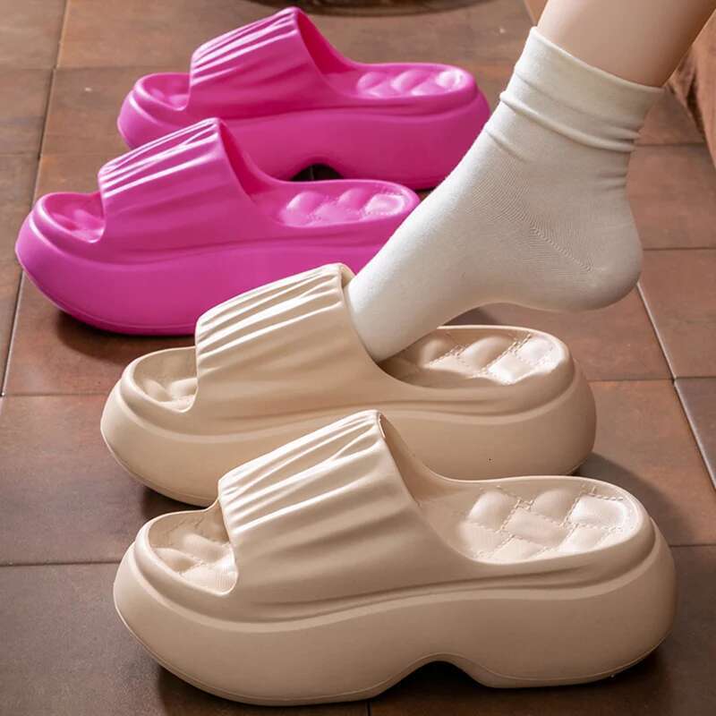 Chunky Platform Slippers for Women Summer Non Slip Thick Eva Sole Beach Slides Woman Pleated Design Wedge Heels Sandals