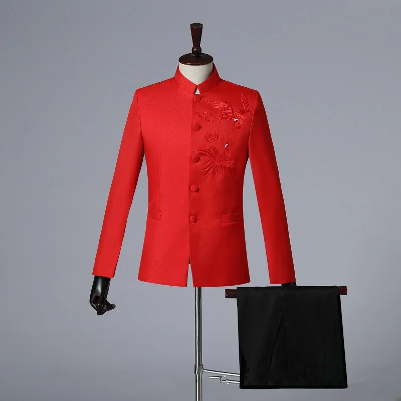 Chinese y Stand up Collar Set 2piece Fashionable Mens Wedding Ball Performance Jacket and Pants 250326