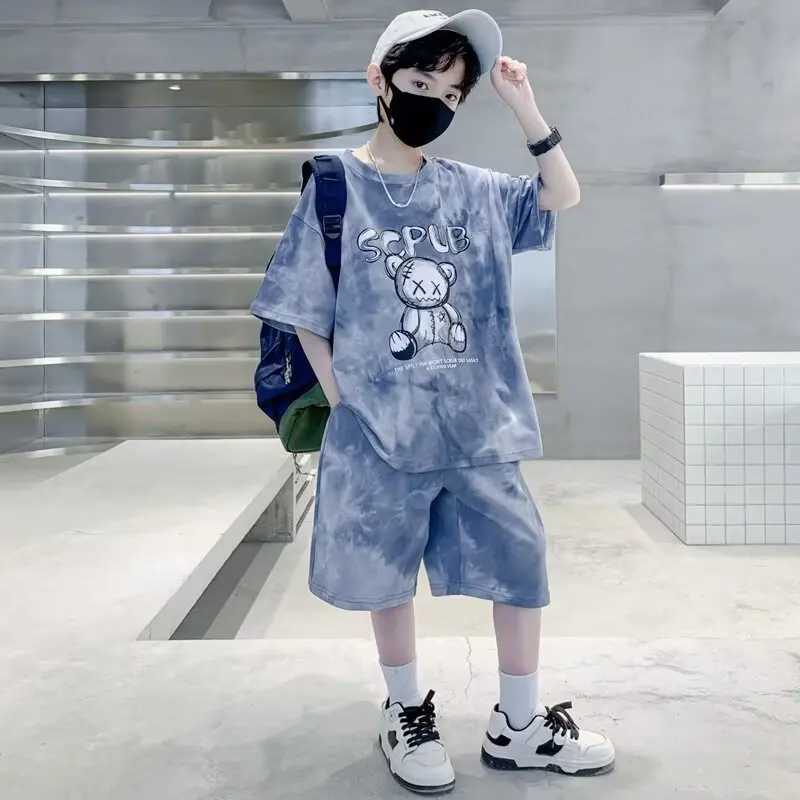Summer boy cartoon bear costume set childrens girl tie dye T-shirt and shorts 2-piece set childrens topT250327