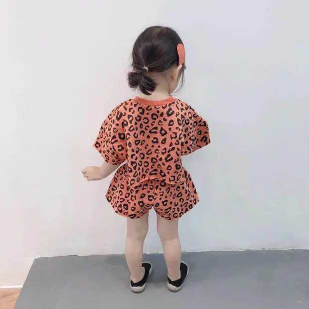 Fashion baby girl set casual summer clothing mother and child leopard print set cotton short sleeved T-shirt childrens setT250327