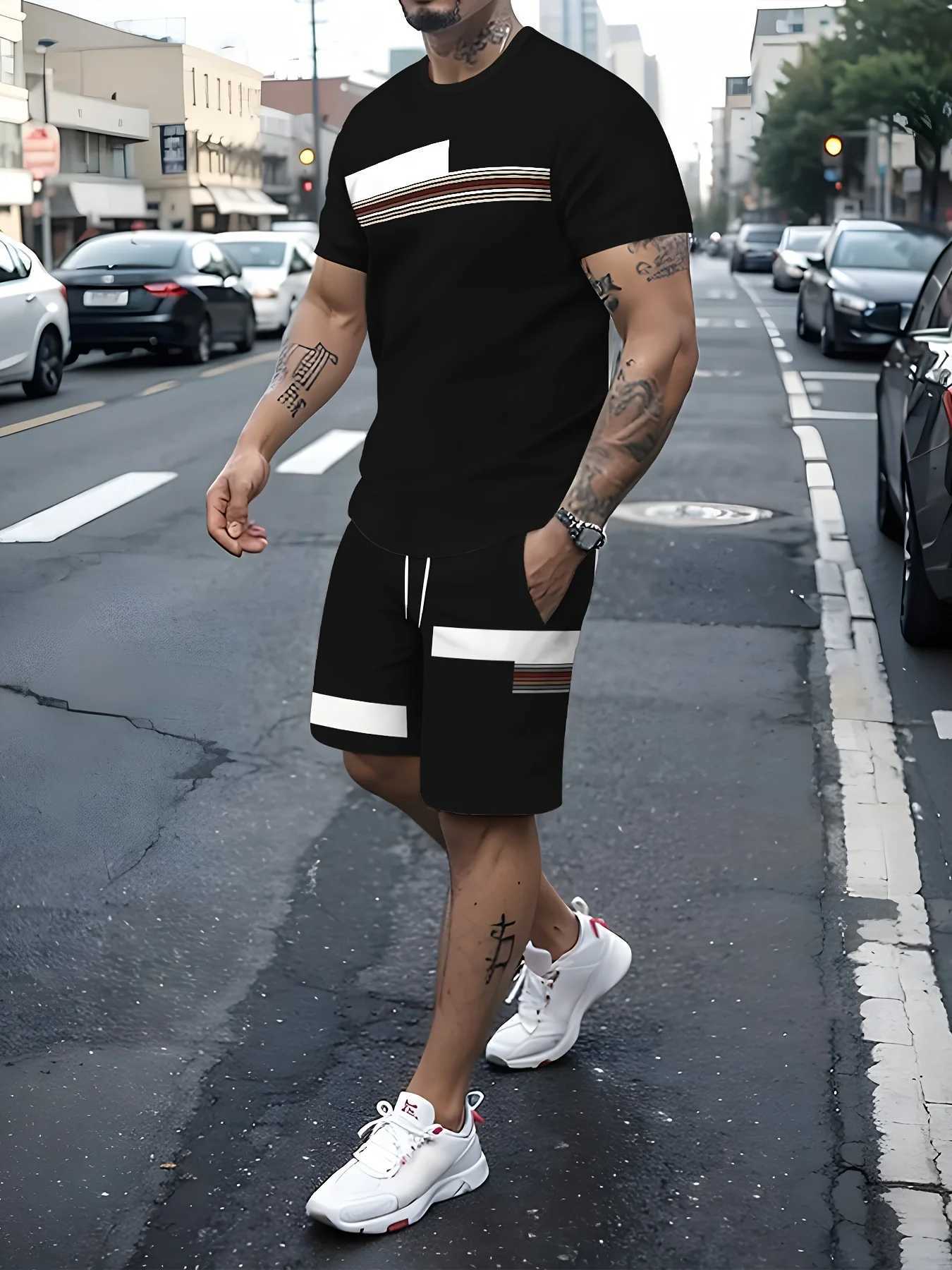 Comfortable polyester mens casual fashion set - unique printed design washable T-shirt and drawstring shortsXJ250326