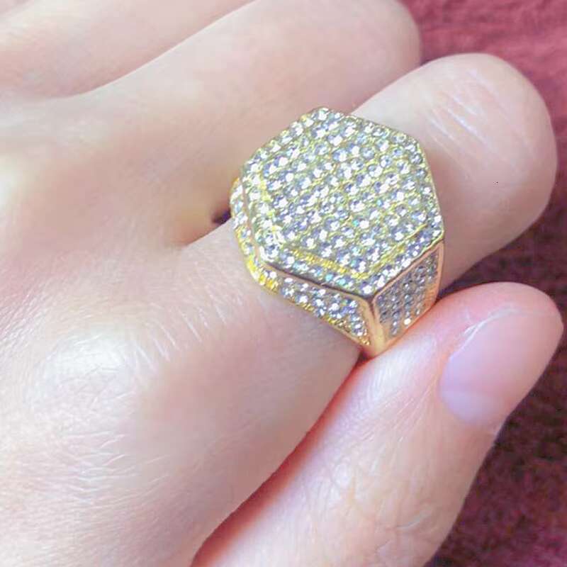 Mens Iced Out CZ Hexagon Bling Pinky Ring 18k Gold Plated Hip Hop Ring for Men