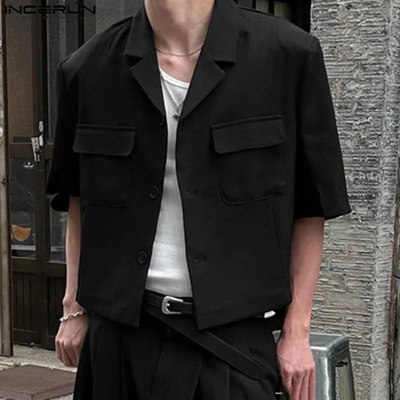 INCERUN Mens Solid Color Collar Short Sleeve Button Pocket Casual Set Street Clothing Fashion Jacket S5XL 250326