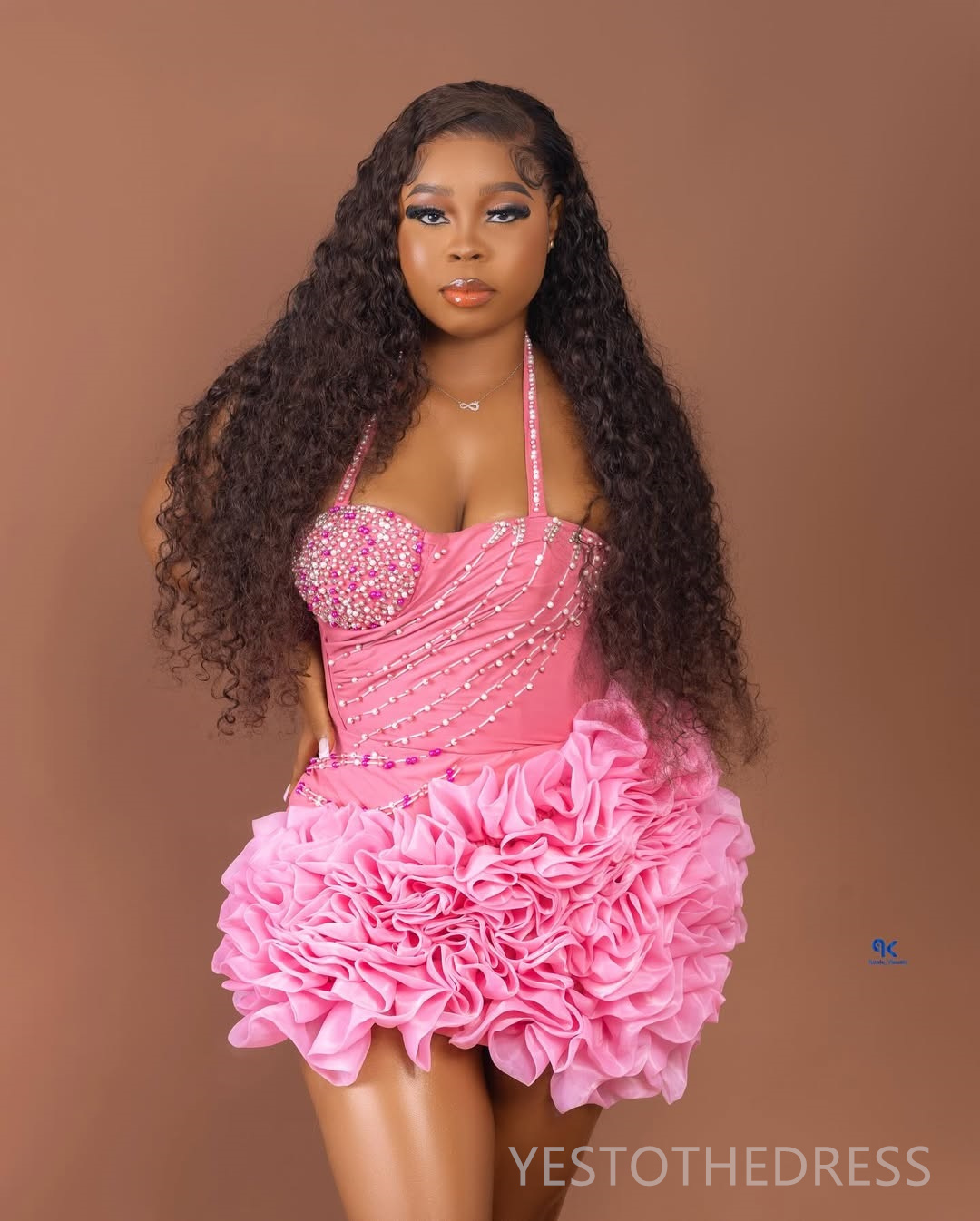 2025 Aso Ebi Pink Cocktail Dresses For Women Short Prom Dresses Mini Dresses Birthday Dresses Halter Sequined Lace Flora Gala Gowns For Special Occasi