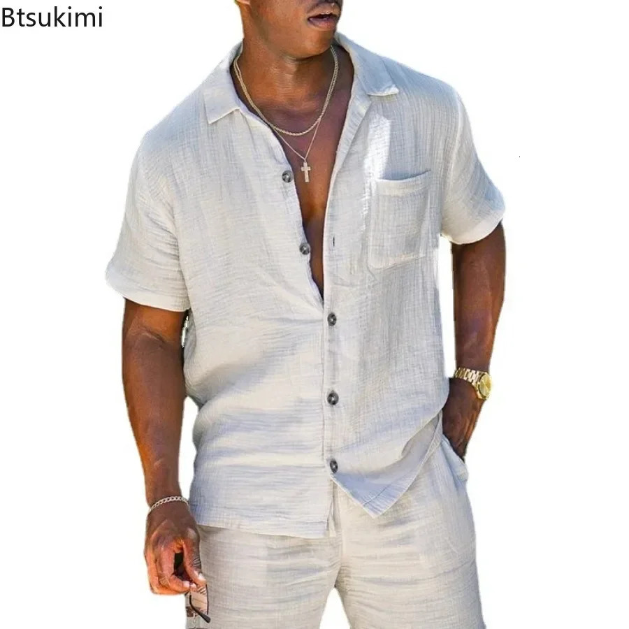 2025 Mens Summer Cotton Linen Casual Sets Fashion Short-sleeved Loose Shirt and Shorts Two-pieces Sets Man Beach Holiday Outfit 250324