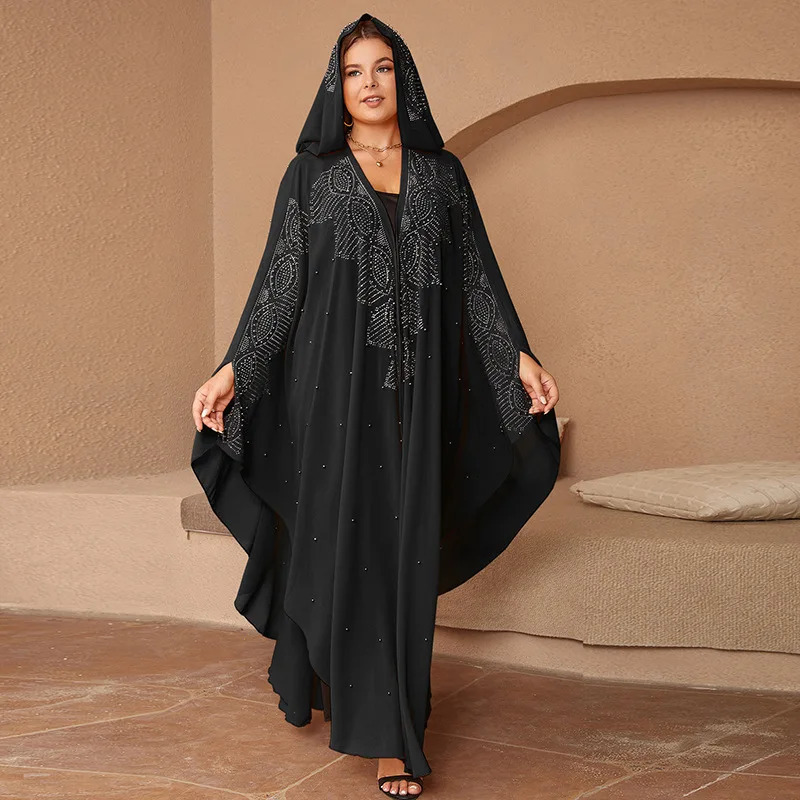 Plus size womens Muslim long sleeved Vneck polyester black yellow and white skirt Dubai Abaya Kaftan dress 250326