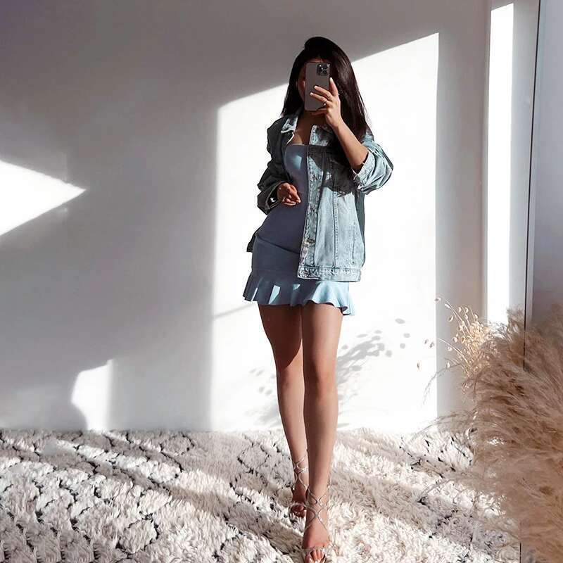 Women Tender Slight Soft CUTENOVA Blue Strapless Wrap Hipster Mini Pleated Dress Pullover Sexy Charm Outfits Girls Dating Wear