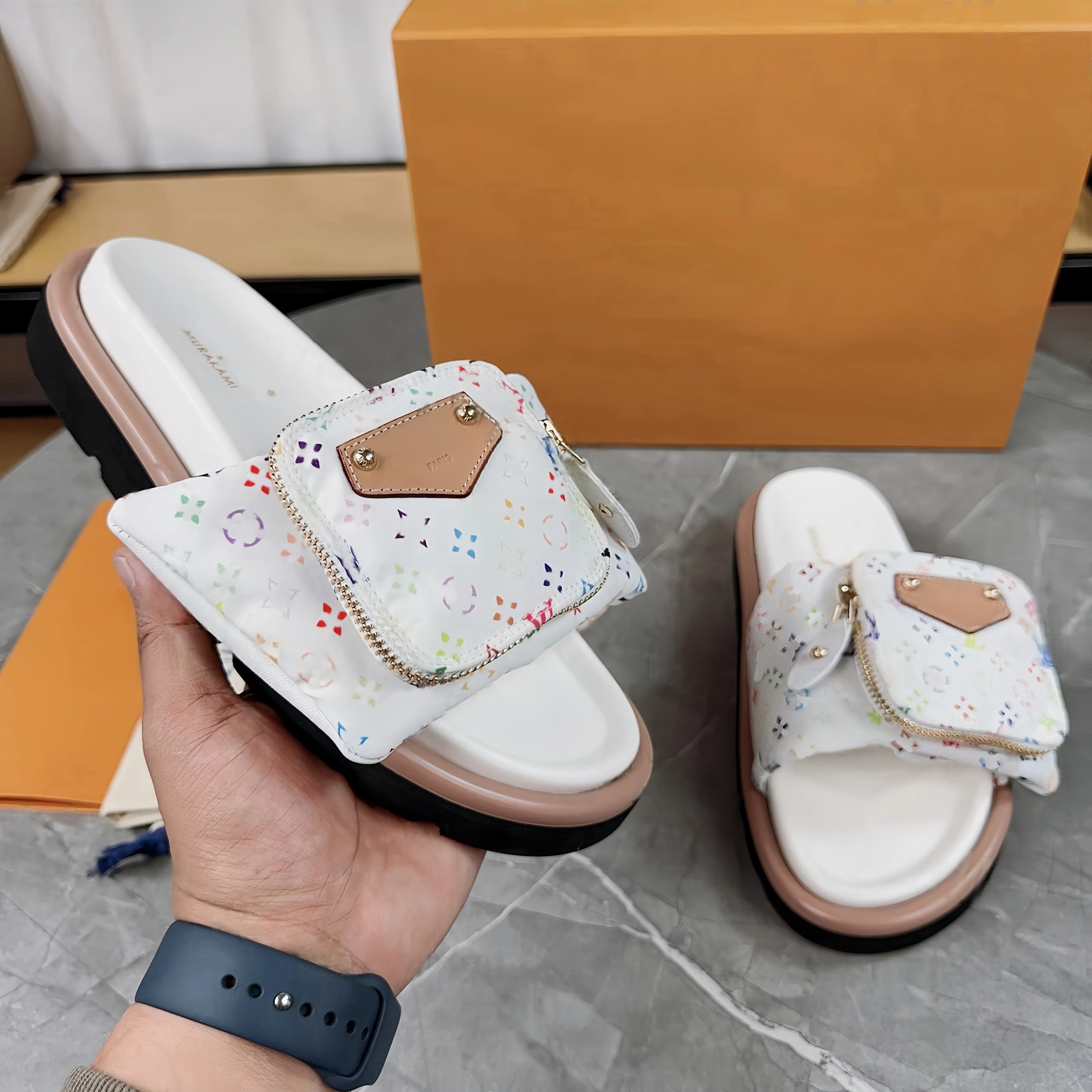 10A Designer Sandals Pool Pillow Flat Comfort Mules takashi murakami Luxury Womens Mens Sandale Bom Dia Slides Colorful Flowers Leather Lady Summ