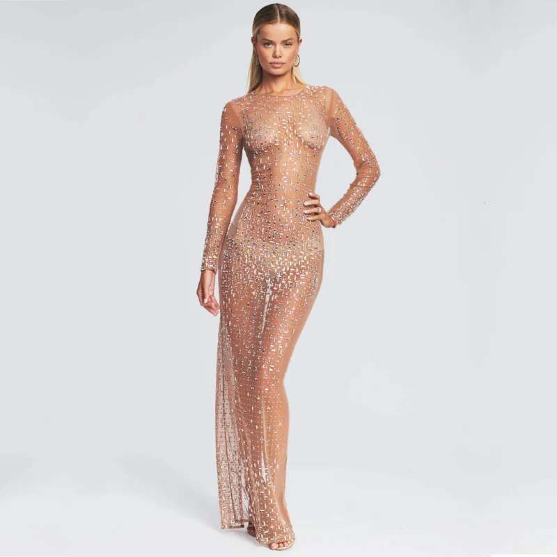 Dongdumaoyi Nieuwe Hot Fashion Sexy Strass Blouse Mesh Lange Mouw Split Jurk C
