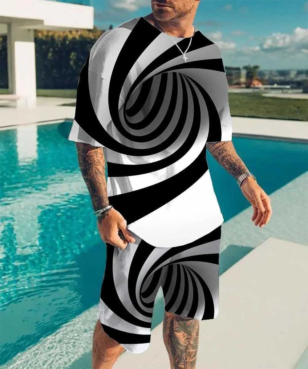 Mens short sleeved T-shirt 3D geometric pattern print daily hiking sportswear streetwear two-piece set summer new itemXJ250326