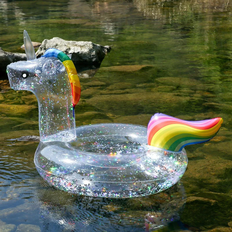 Transparent sequin inflatable swimming ring water mat flashing unicorn summer pool toys childrens floating 250321