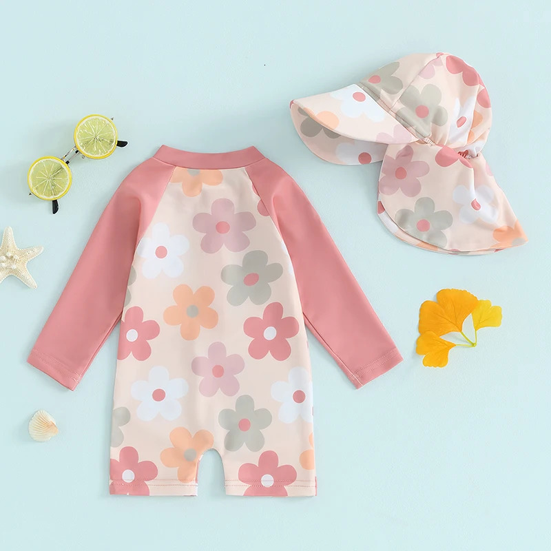 Tregren 0-3Y Toddler Girls Rash Guard Swimsuit with Swim Cap Long Sleeve FloralTropical Tree Print Zip Up Swimwear Bathing Suit 250326