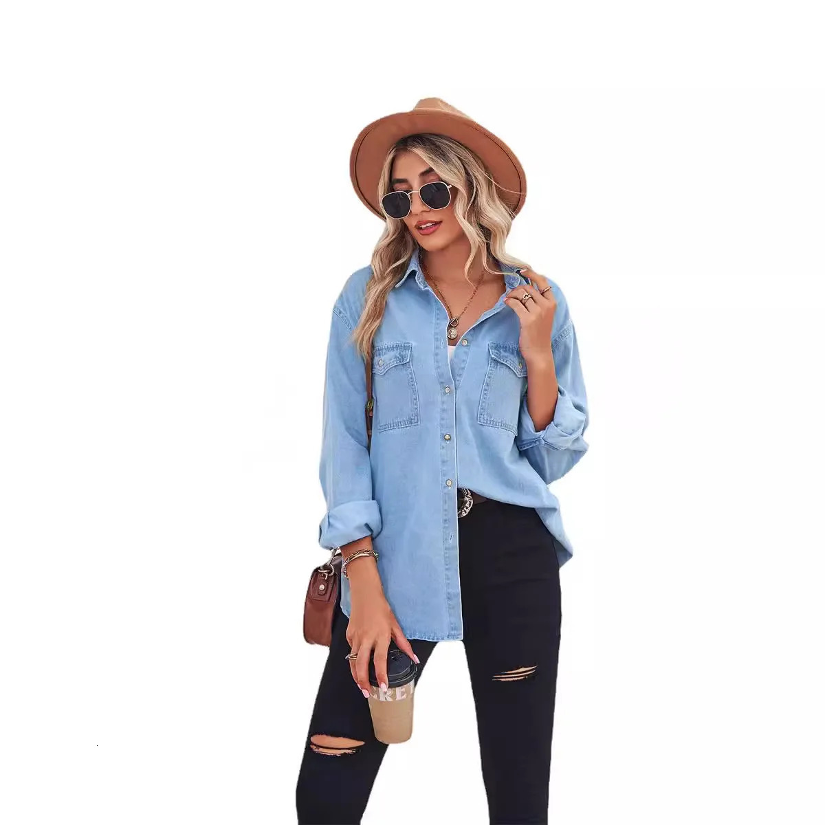 Laundry denim shirt top with spring collar single breasted womens pure blue casual pocket jacket 250326