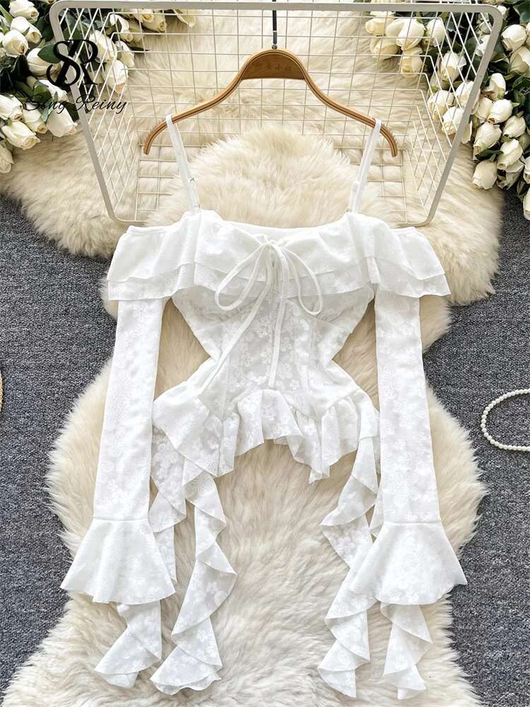 hoodie Korean Off Shoulder Sexy Blouse Female Long Flare Sleeves Ruffles Beach Shirt Summer Irregular Ral Hotsweet Top jacket