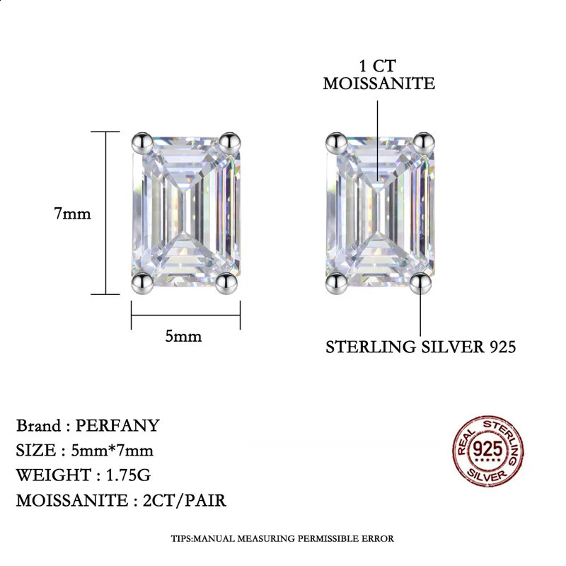 PERFANY 2CT Emerald/Radiation Cut Earrings for Women S925 Pure Silver Rectangular Laboratory Diamond Wedding Jewelry 250318