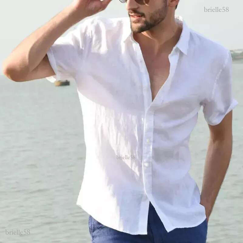Mens casual short sleeved shirt street clothing lapel button solid cotton linen shirt mens retro vacation shirt M-3XL 240130