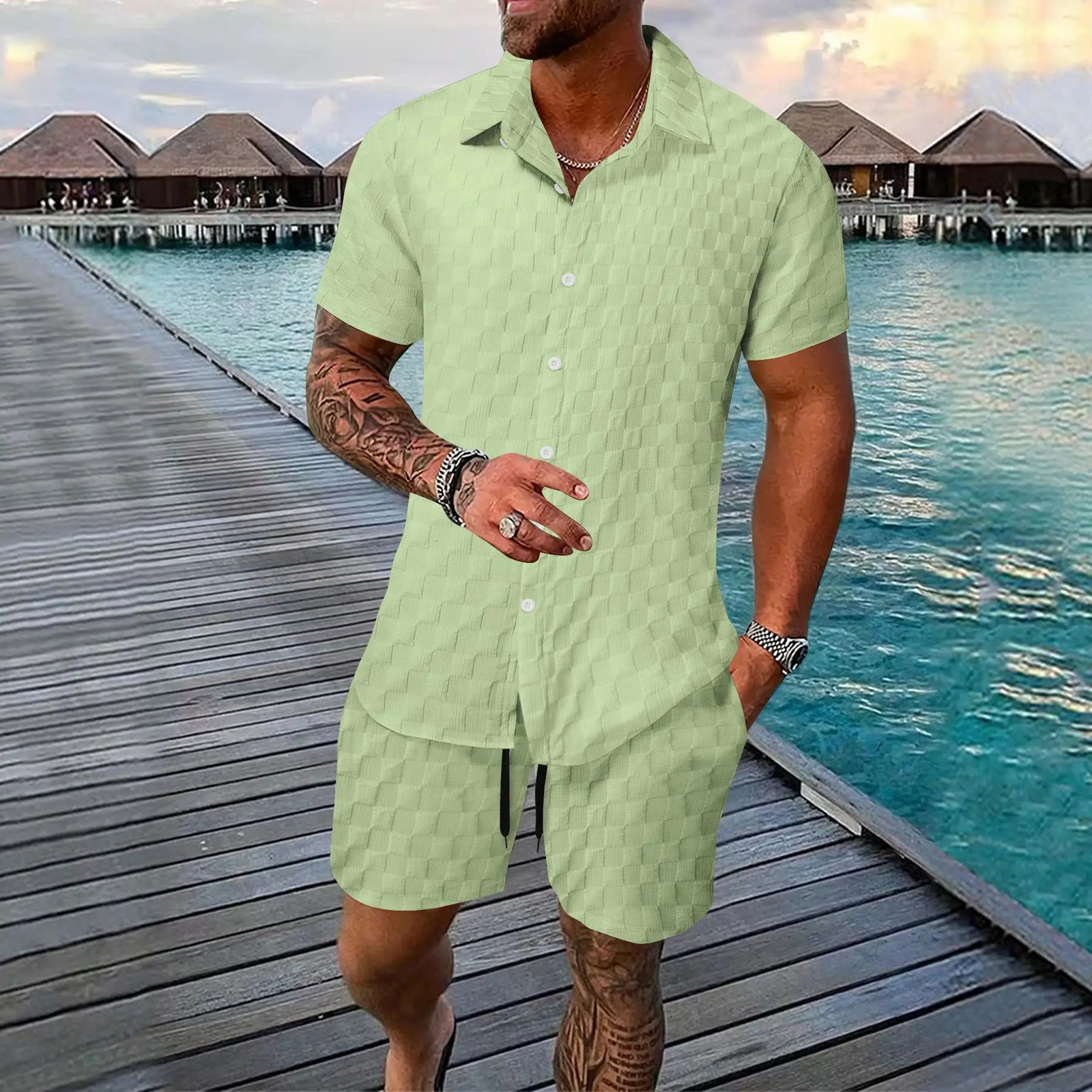 Summer Mens Fashion Beach Set Outdoor Sports and Leisure Shirt Solid Color Checkered Short Sleeve Shorts Two Piece 250327