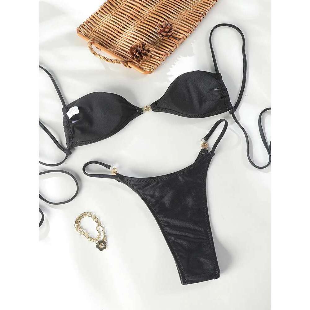Shiny Swimsuit String Bikinis Bandage Swimwear Women 2025 New Pleated Bathing Suit Sexy Biquini Solid Color Beachwear Summer