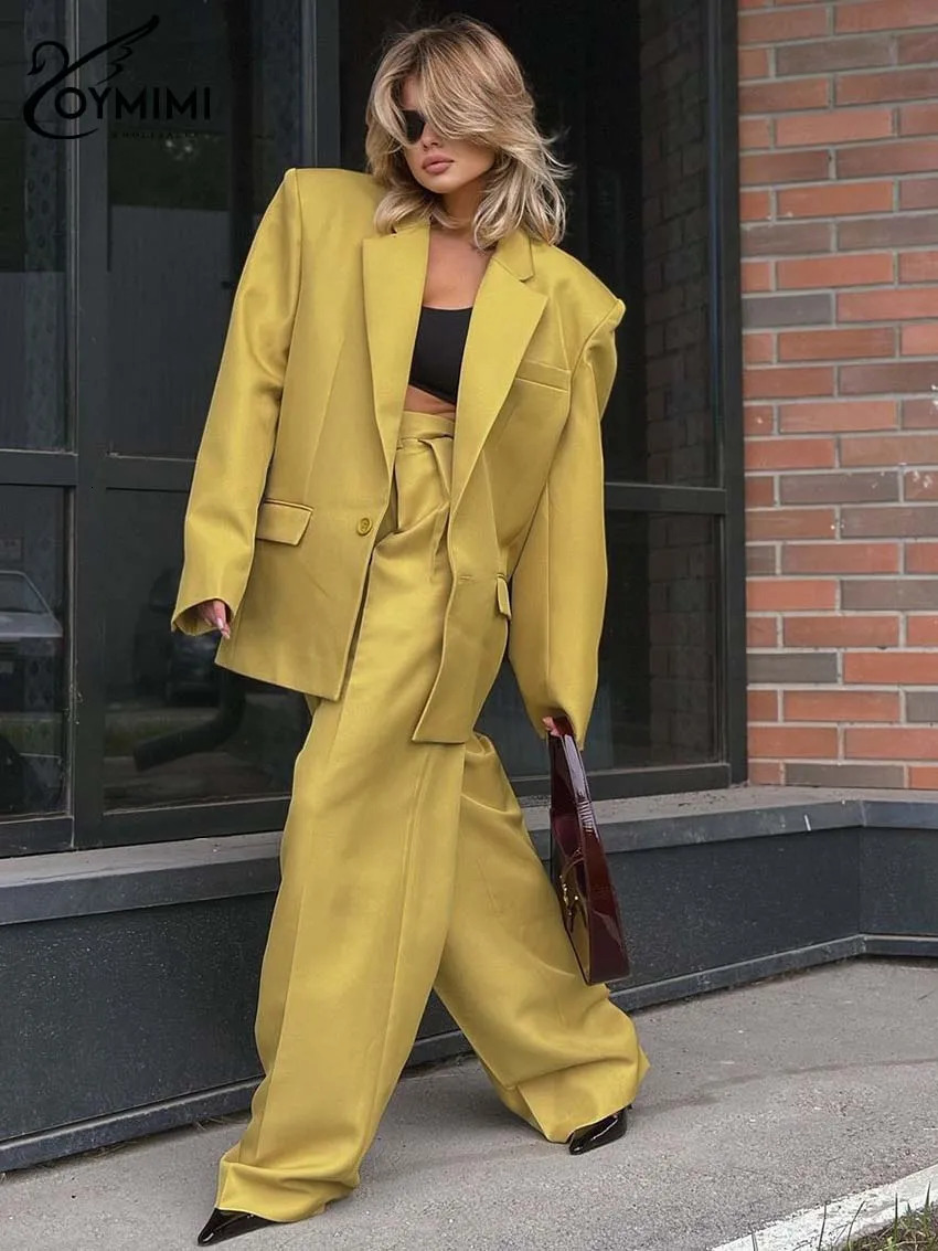 Oymimi Elegant Yellow Set Womens 2piece Fashion Long Sleeve Pocket Single Button Jacket and Simple Straight Trouser 250326