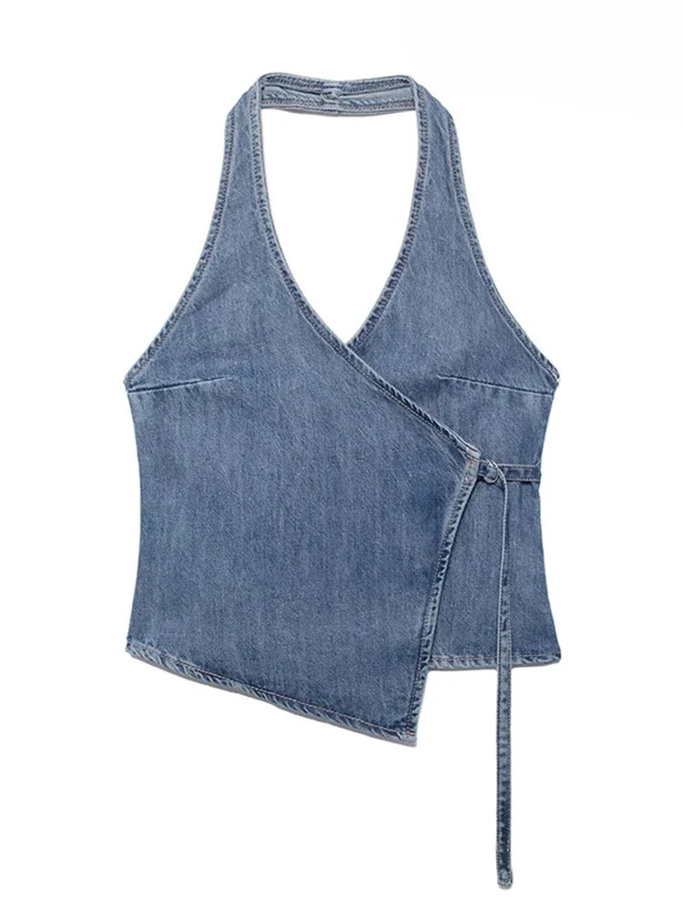 QNQO Denim Tank Women Summer Neck-Mounted Sleeveless Chic Casual Tops 2024 New Fashion Solid Female Backless Sexy Crop Top