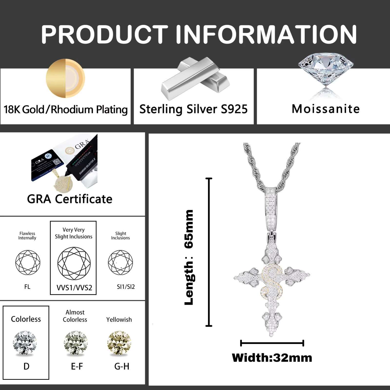 Wholesale 925 Sterling Silver Moissanite Diamond Cross Pendant Necklace Iced Out Fortuna Cross Pendant Pass Diamond Tester