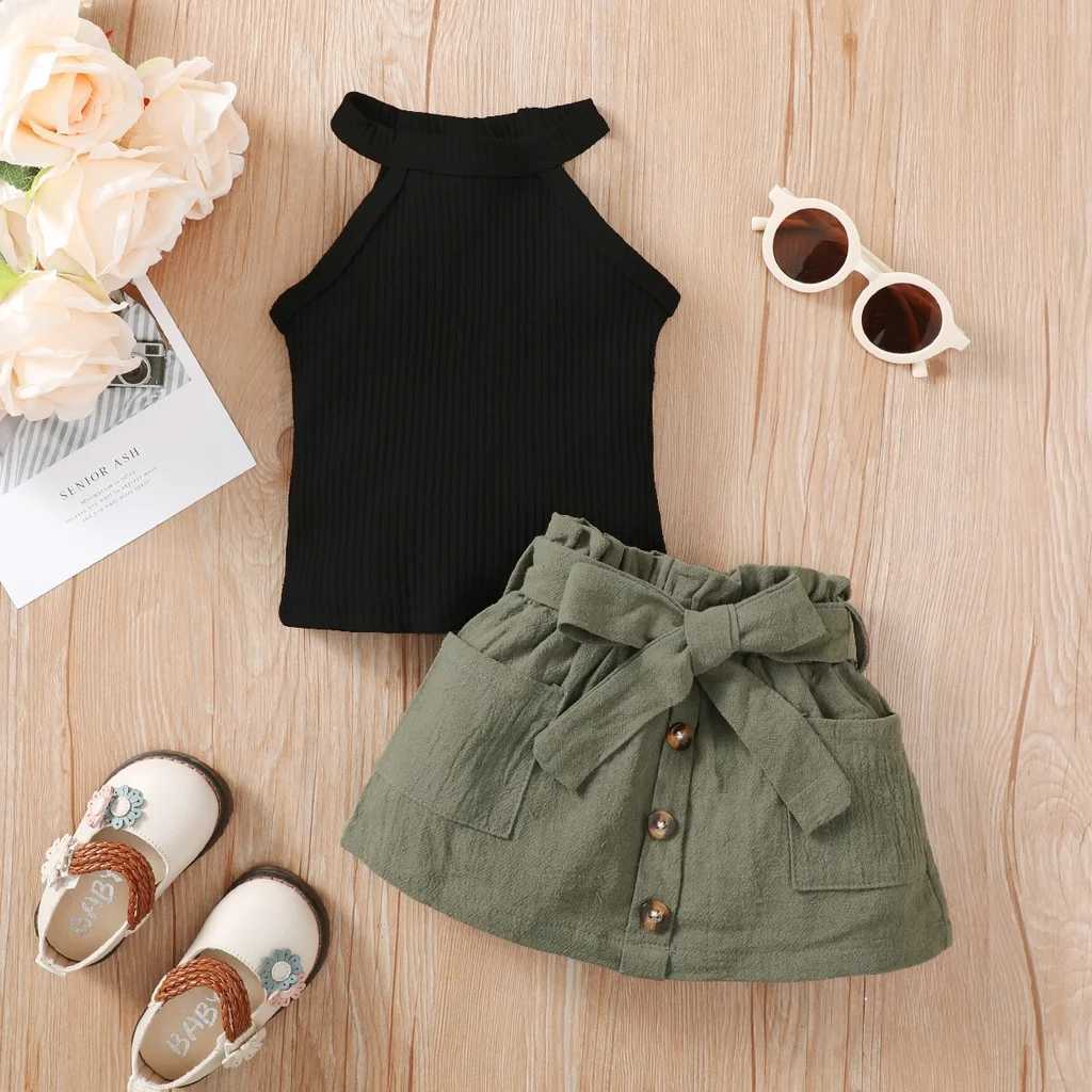 2PCS baby girl clothing set with ribbed hanging collar top and short skirt fashionable Korean style summer clothing for girls aged 3-24 monthsT250327