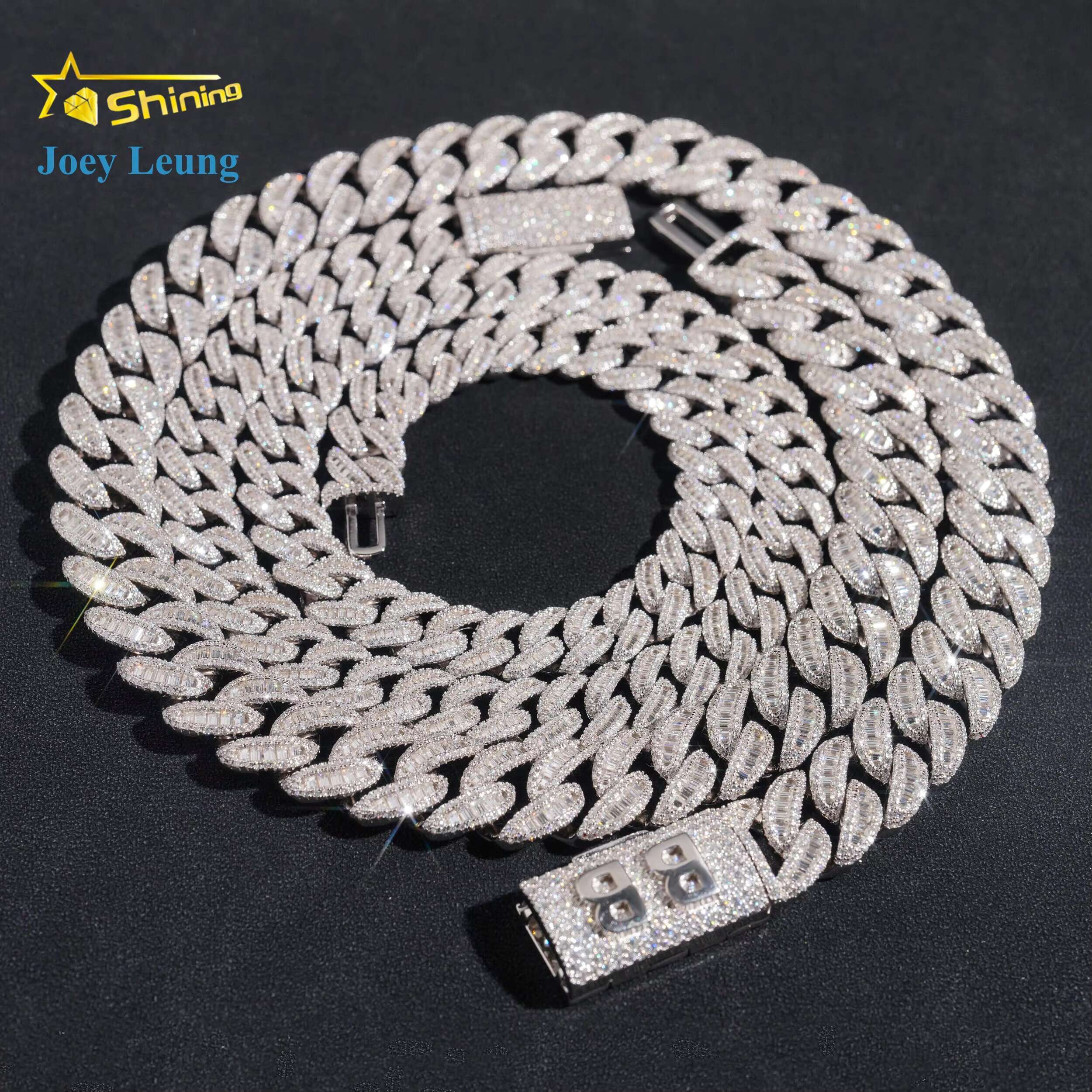 Hip Hop Jewelry 12mm 16mm 925 Sterling Silver Iced Out Custom Baguette Initial Necklace VVS Moissanite Cuban Link Chain