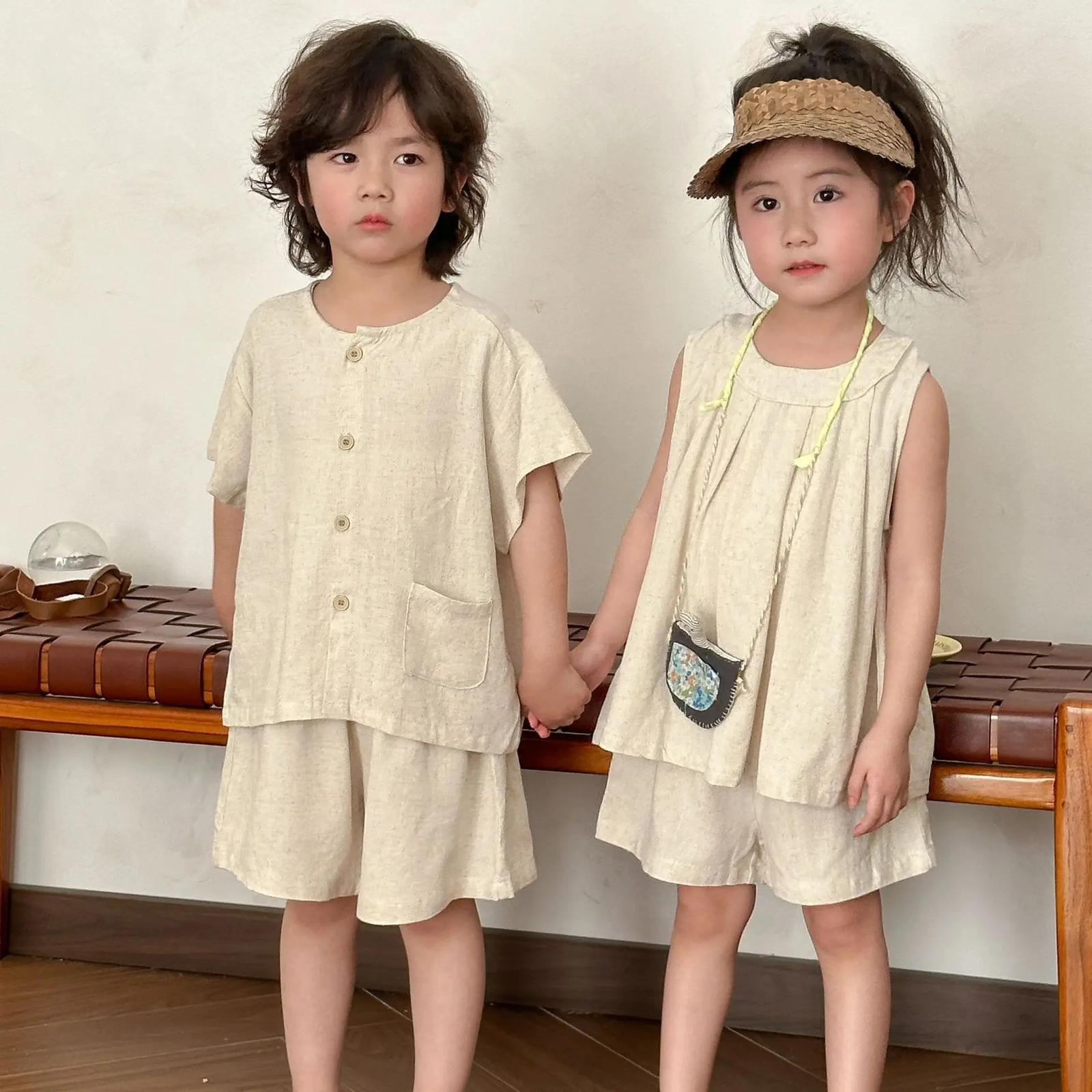 2025 Summer Kids Clothes Set Cotton Linen T-shirt Solid Shorts Boys 2Pcs Suit Short Sleeve Children Girls Outfits Sibling Look 250326