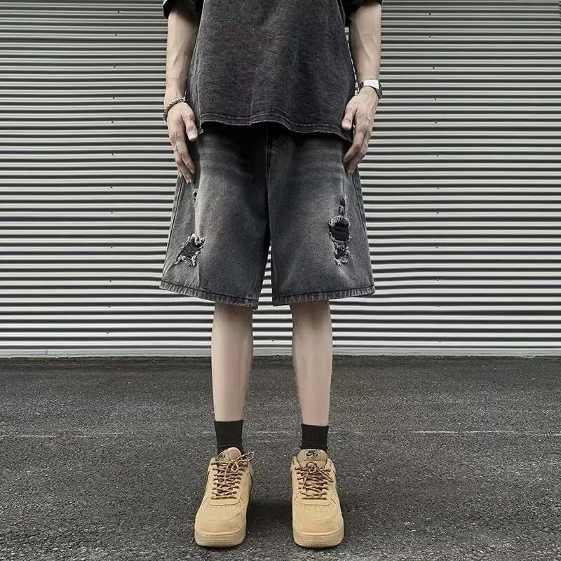 mens fashion Korean solid denim knee length shorts casual summer tight street pants 250326