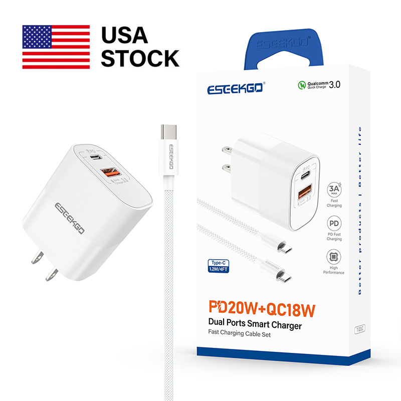 USA STOCK ESEEKGO T-32UC 20W Travel Adapter (USB A+C) US Standard With 4FT Type-C To Type-C Fast Charging Cable With Retail Package ship in 2 days