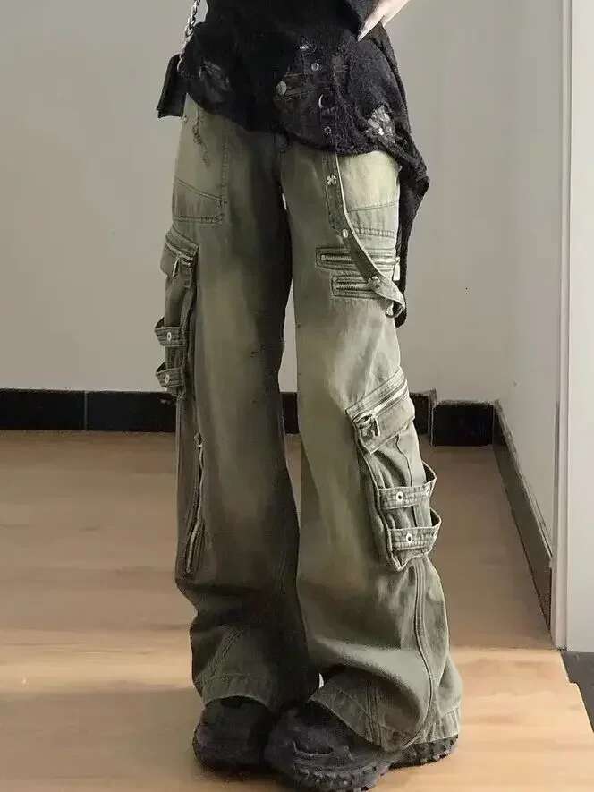 Loose Retro Washed Cargo Streetwear Zipper Baggy Hiphop Straight Pants Multi-Pocket Wide Leg Jeans Women