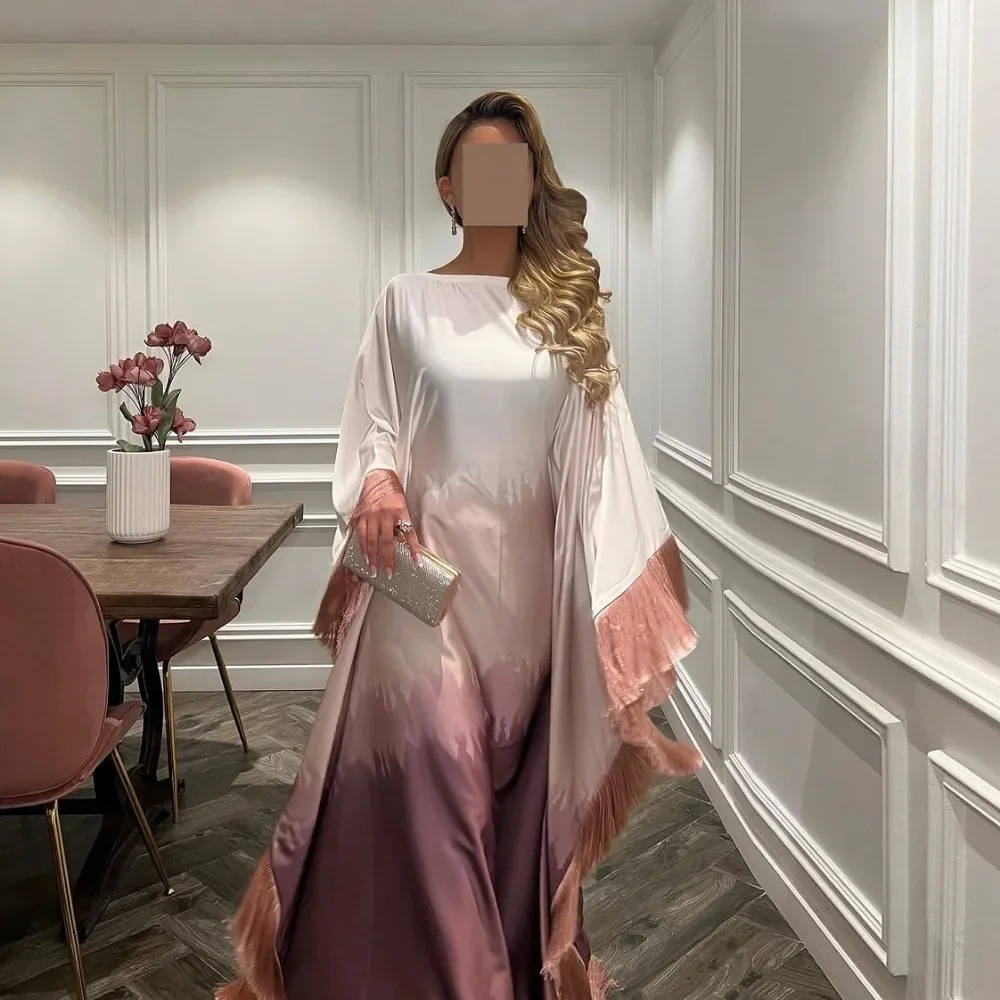 Muslim Batwing Sleeve Gradient Tassel Abayas Dubai Deluxe Print Maxi Dress Ramadan Islamic Women Party Evening 250326
