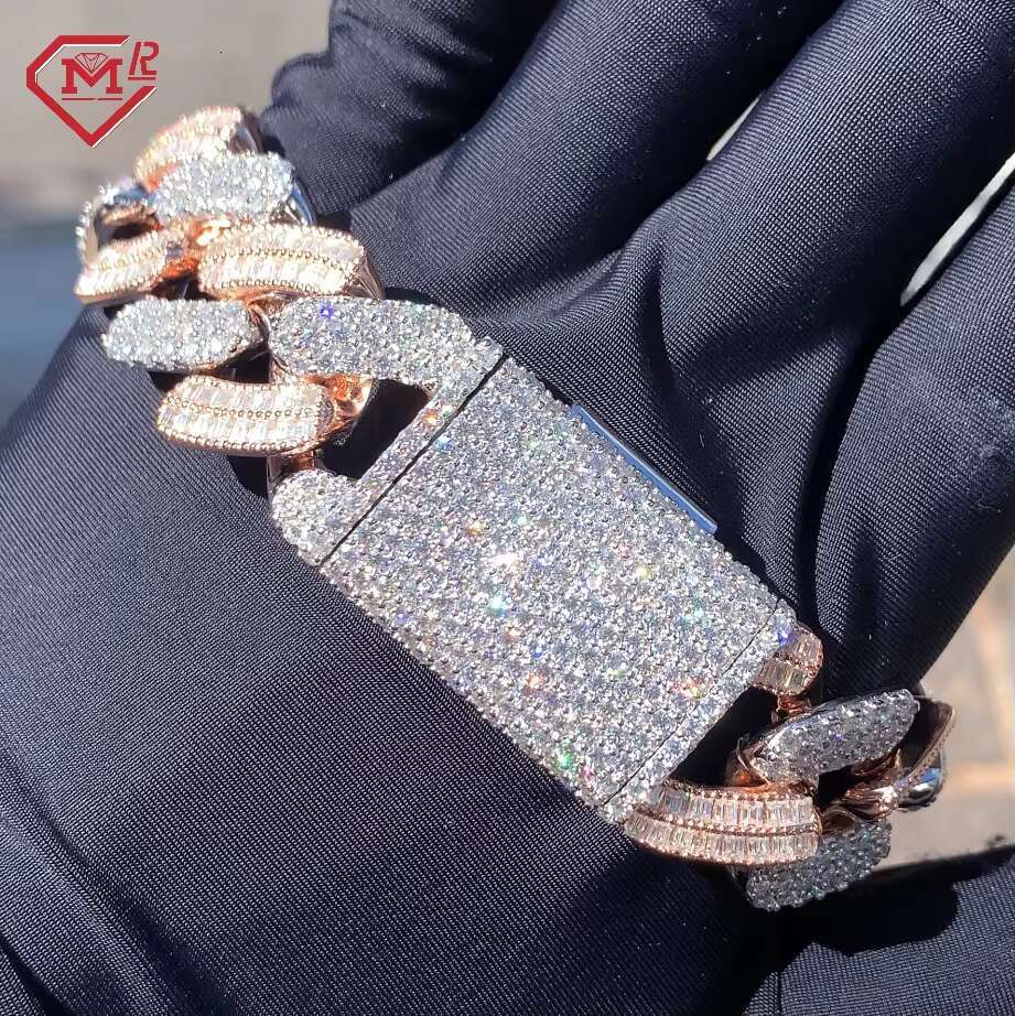 2 Tone Moissanite Cuban Bracelet Baguette Miami Vvs Iced Out Diamond Silver 925 Moissanite Cuban Chain