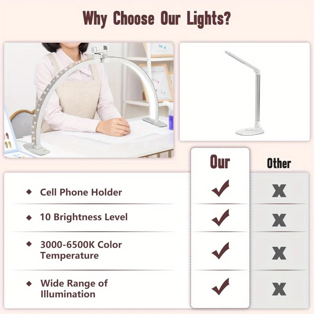 Nail table half moon light with phone holder 28 inch foldable sparkling diamonds LED for nail art 250325