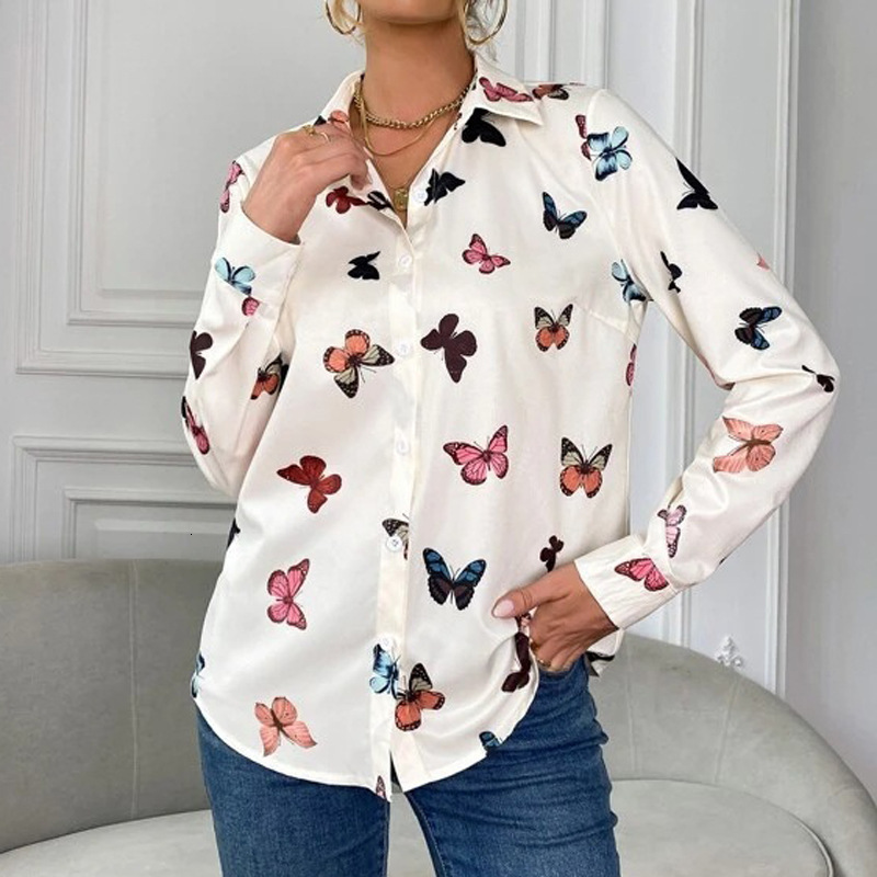 Women's fashionable printed long sleeved with butterfly print collar shirt for women