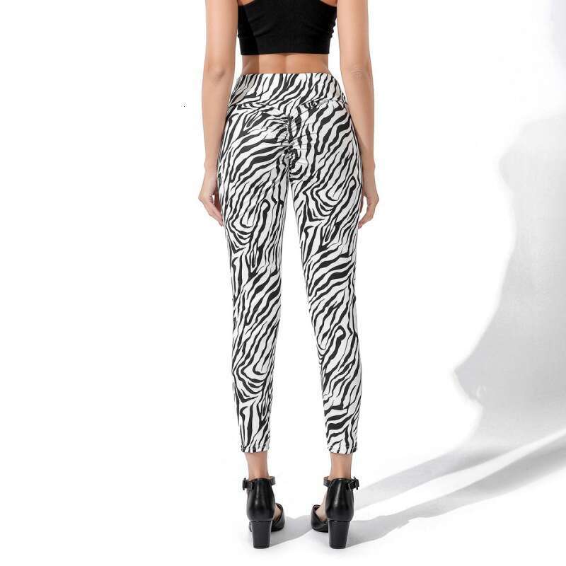 Women Yoga Pants Fashionable White Leopard Print Wrinkled Elastic High Waisted Yoga Pants With Leggings