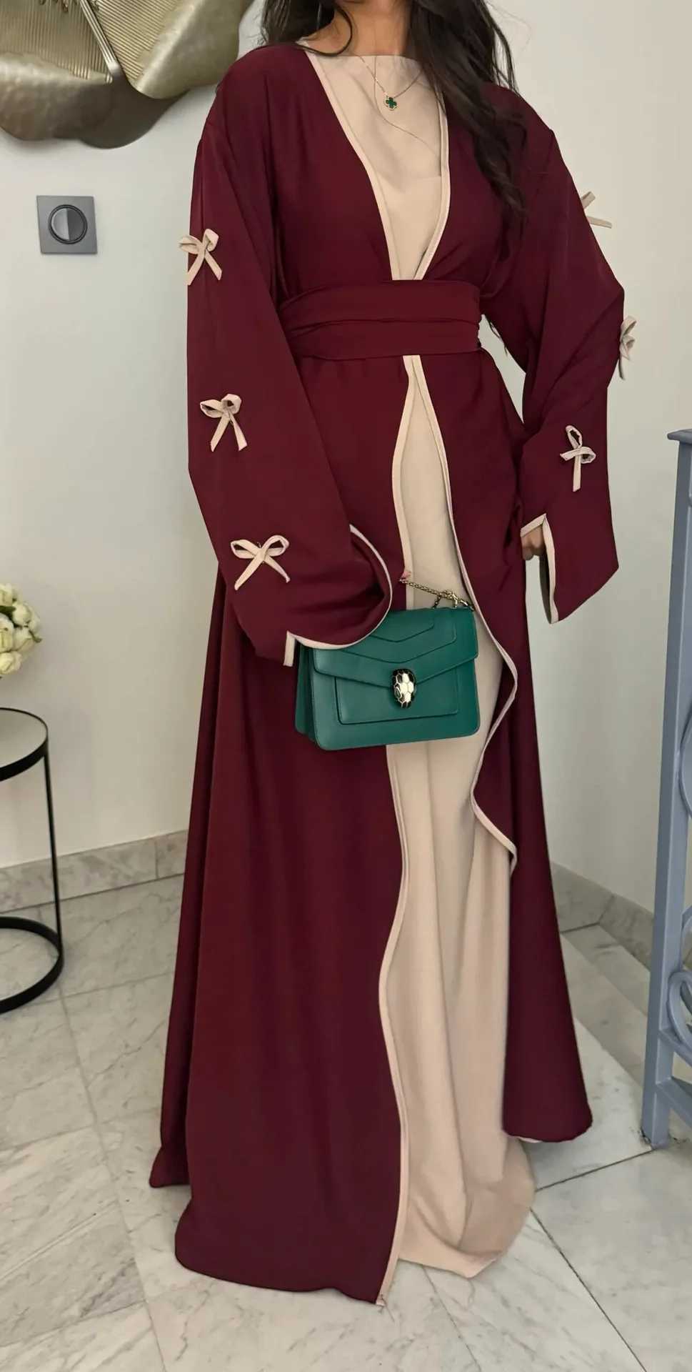 Burgundy Islamic Abaya for Middle East Muslim Ladies Bow Details Contrast Inner Layer Ideal for Ramadan and Daily Wear in Saudi X250514