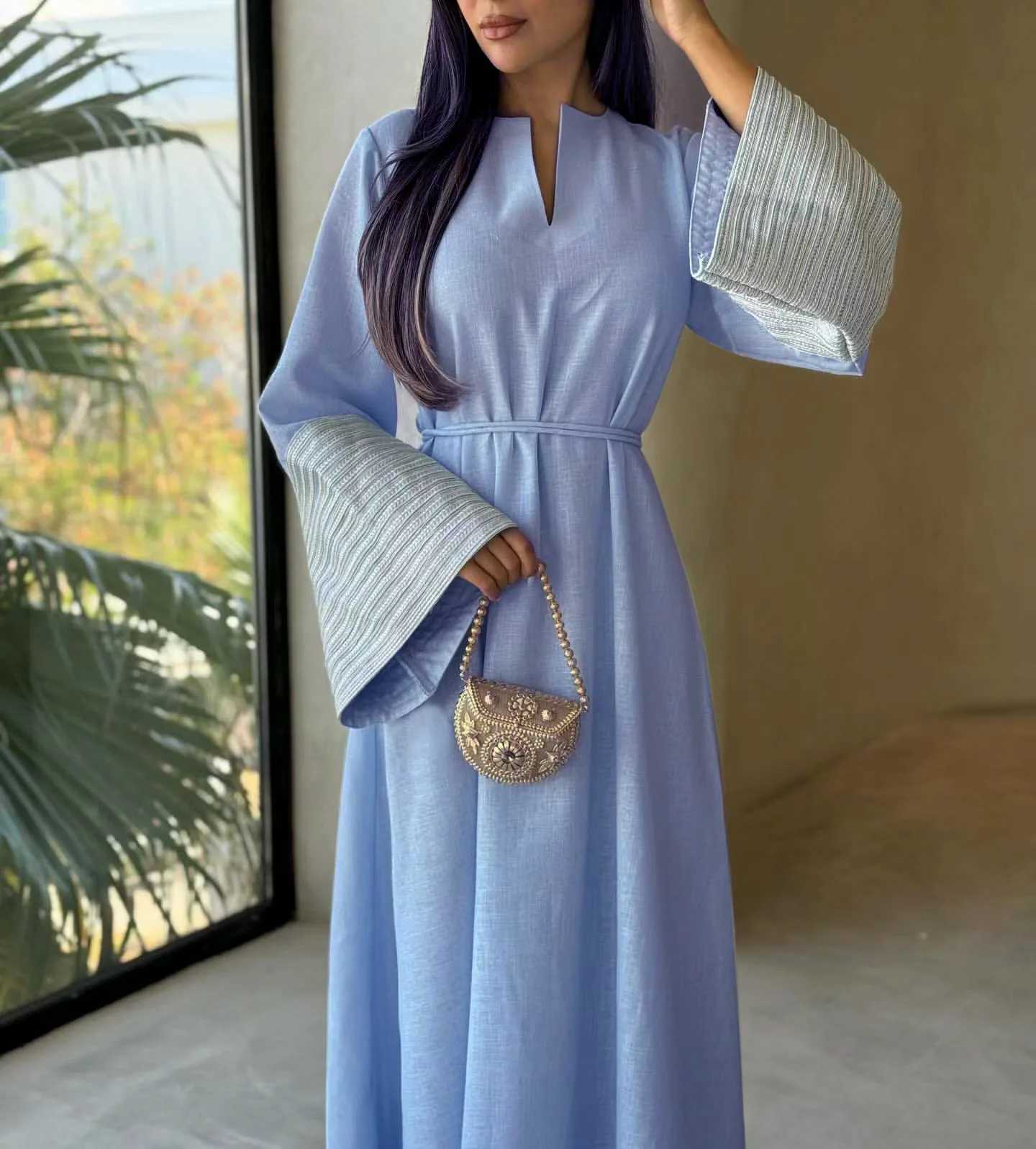 New Linen Palestine Embroidery Muslim Belted Dress Kufiyah Modest Abaya Ramadan Closed Abaya Women Muslim Clothing Casual Dress X250514