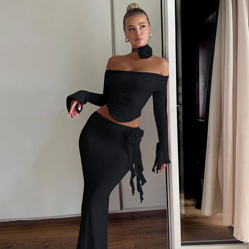 Cryptographic Off Shoulder Sexy Mesh Ruffle Dress Set for Women Matching Club Party Flower Stickers 2piece 250326
