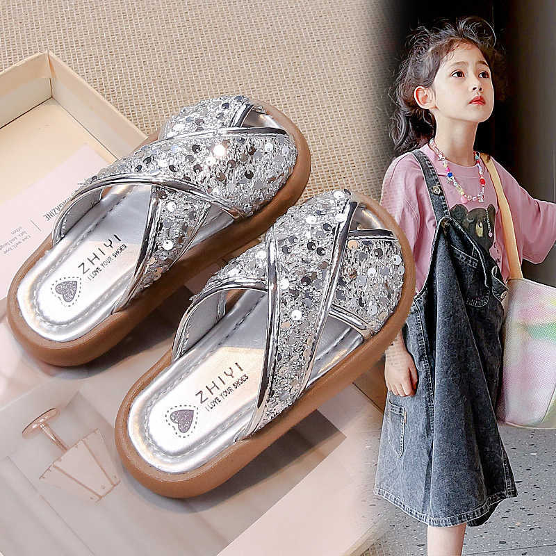 Slipper 2024 summer British style childrens slippers with sequins for girls middle-aged and young children princess shoes S25326