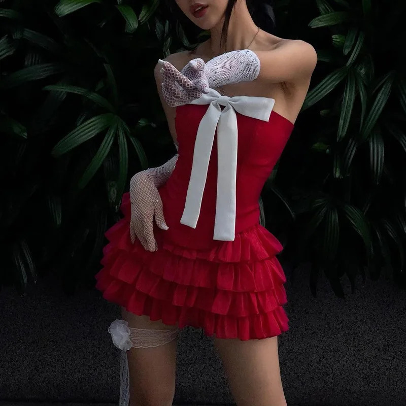 Cryptographic Elegant Bow Detail Sexy Strapless Two Piece Womens Club Set Ruffle Red Top and Skill Matching 250326